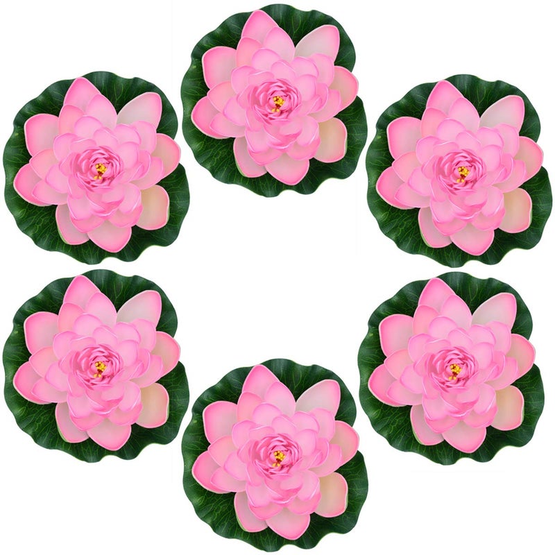 Famgee 7 Inches Artificial Lifelike Floating Foam Lotus Flower Water Lily for Garden Pond Decor, Set of 6 (Pink) - Image 1